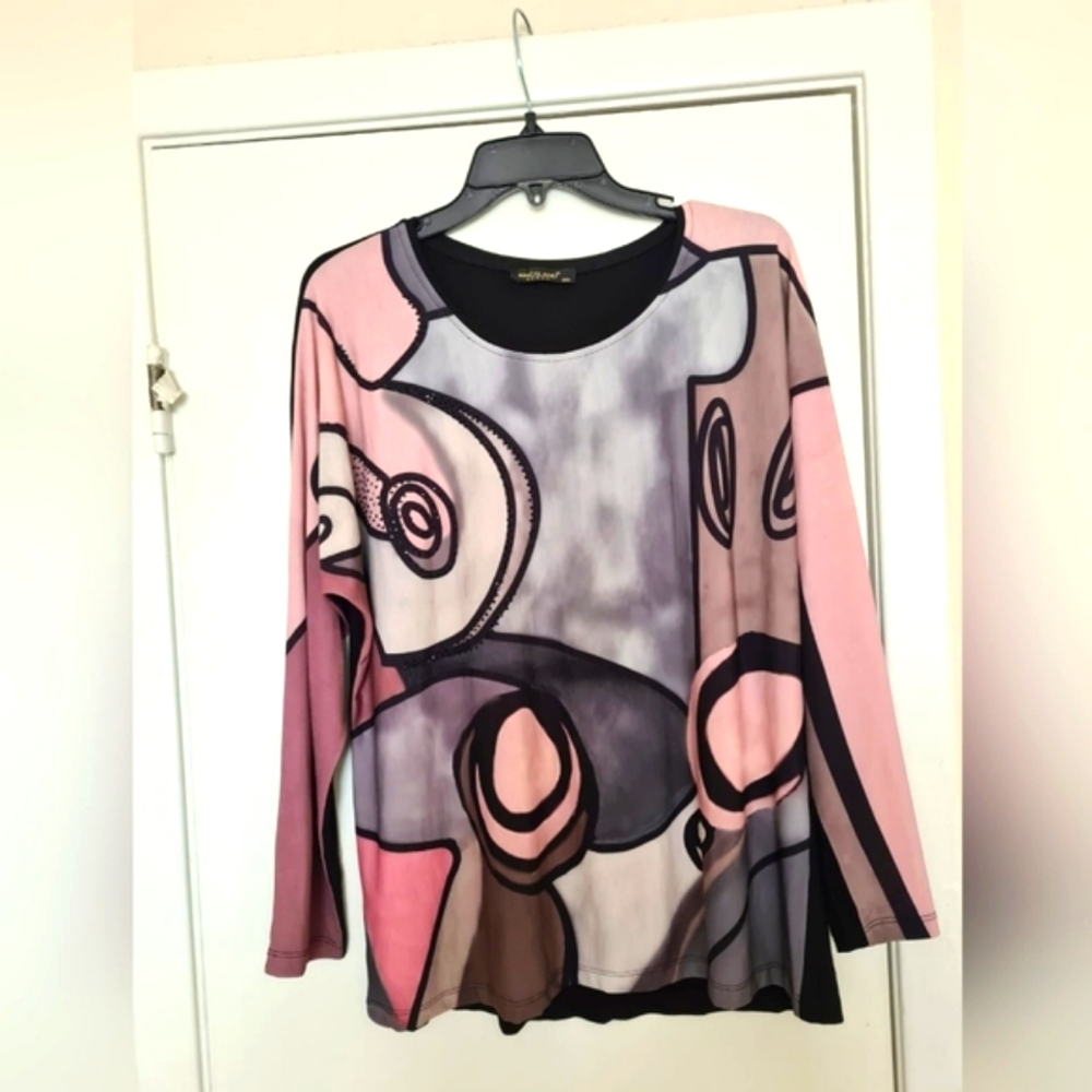 Modern Pattern Stretch Blouse with Black Beads (Size XXL)
